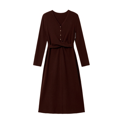 蓝语法式气质收腰抽褶针织连衣裙