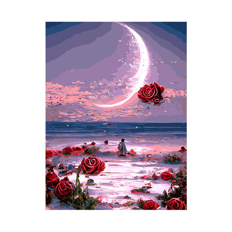 自油自画DIY数字油画月下花海