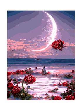 自油自画DIY数字油画月下花海