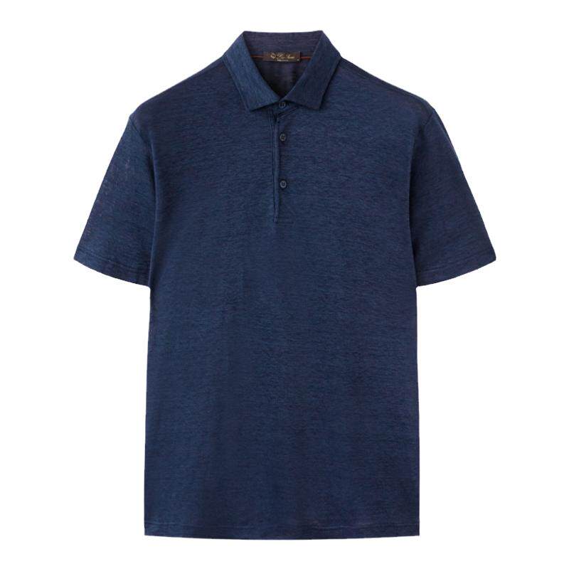 Loro Piana/诺悠翩雅男装蓝色亚麻针织短袖马球领休闲polo衫
