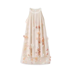 DPLAY2025夏季新款挂脖连衣裙女好看法式花朵纱裙仙女裙长裙