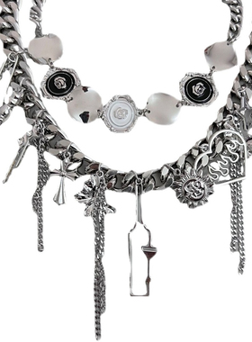 辣妹甜酷玫瑰圆片多元素流苏项链