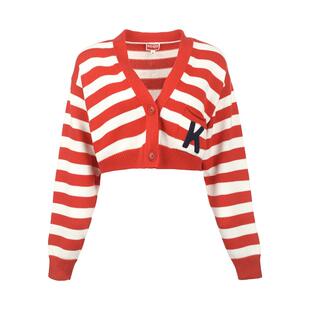 【自营】KENZO女士K字徽标撞色条纹棉质高腰V领针织衫毛衣外套