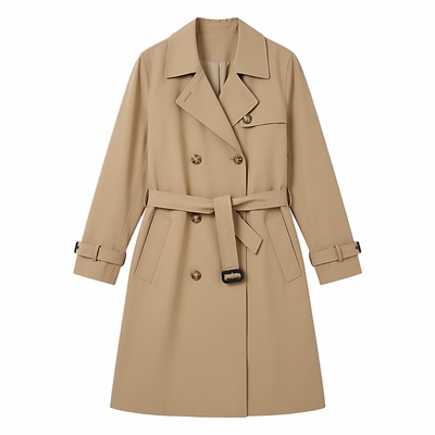 西装领双排扣系带修身风衣女