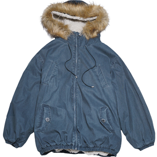 STILLYOU复古大毛领加厚仿羊羔绒连帽厚外套女宽松保暖工装派克服