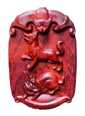 小叶紫檀狗兔二合吊坠红木项链贵人挂件定制紫檀木兔狗生肖挂坠