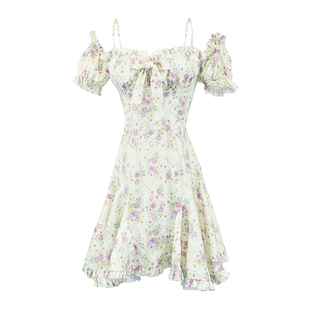 DAC 巨美法式少女吊带短袖碎花连衣裙女2024夏季新款泡泡袖长短裙