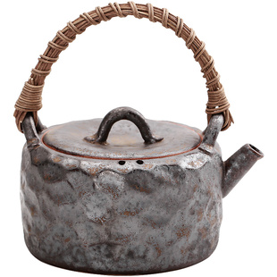 碌心 复古粗陶耐高温茶壶可炭烧电陶煮茶锤纹藤编提梁壶球状滤孔