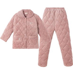 睡衣女士秋冬季中老年妈妈珊瑚绒夹棉加厚保暖加绒家居服套装冬款