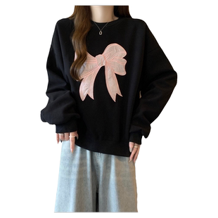 韩系高级感蝴蝶结刺绣无帽卫衣女春秋季薄款2026新款宽松长袖上衣