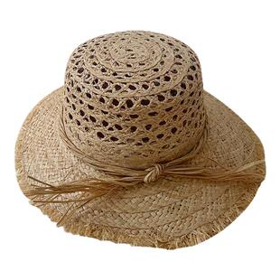 毛边镂空欧美天然拉菲草帽女时尚网红拍照透气星光网眼海边沙滩帽