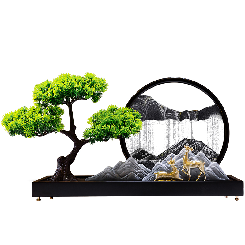 創(chuàng)意迎客松流沙畫(huà)擺件沙漏新中式客廳禪意玄關(guān)辦公室茶室軟裝飾品