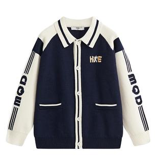 MQD童装男童毛衣外套春秋款儿童针织开衫翻领学院风复古针织衫