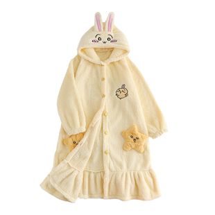 乌萨奇睡衣chiikawa吉伊卡哇睡袍女款冬季可爱珊瑚绒加厚加绒冬天