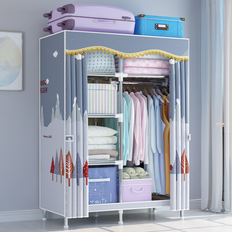 布衣柜全钢架加粗加固家用用挂卧室小户型组装收纳简易衣橱出租房