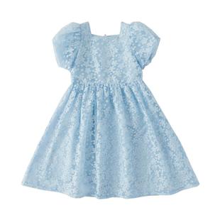 棵初2026夏季新款亲子中大女童泡泡袖花型连衣裙蓝色碎花裙
