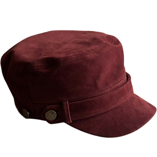 HELLO TREE海军风帽子仿古铜扣麂皮绒平顶帽子秋冬女高级感画家帽