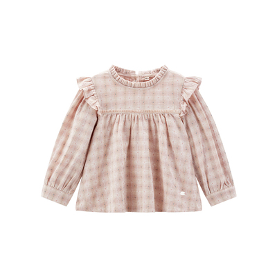 WirraWirra北欧风女宝宝早雾花边领宽松娃娃衫复古玫瑰粉格纹上衣