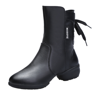 真皮高帮舞蹈鞋女软底秋冬加绒广场舞鞋现代舞绑带跳舞鞋水兵舞靴