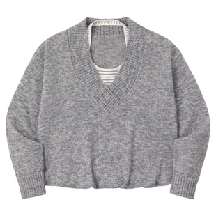 PSO Brand女装假两件条纹大V领针织衫宽松毛衣背心休闲挂脖上衣