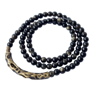 原创复古黑曜石多层手链男中性 个性彩曜金曜石珠子手串 百搭饰品