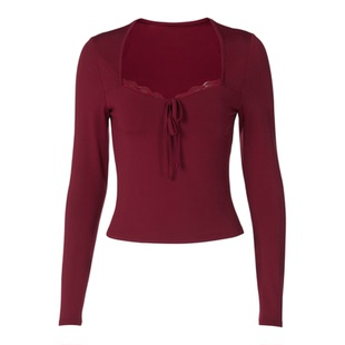 gusty纯欲辣妹蕾丝花边长袖上衣女2025秋季甜辣chic蝴蝶结修身T恤