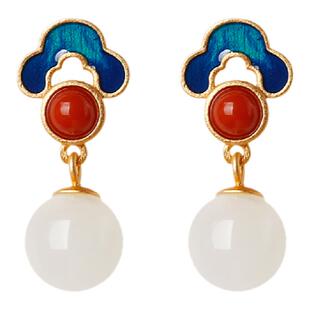 纯银和田玉耳环女新中式国风红色古风耳饰耳钉耳坠三八妇女节礼物