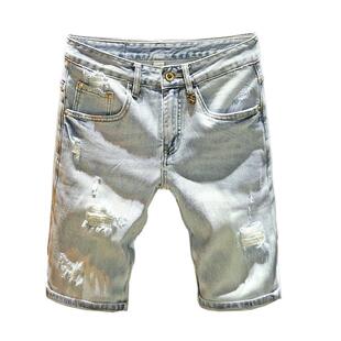 夏季个性破洞牛仔短裤男款时尚潮流痞帅休闲五分裤浅蓝色破烂中裤