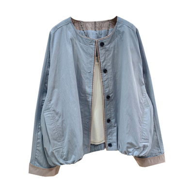 浅蓝色复古圆领撞色春秋短外套女