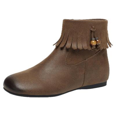 达芙妮棕色短靴女流苏踝靴平底