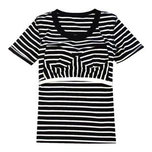 新款带胸垫女T恤短袖条纹百搭打底衫夏瑜伽运动免穿文胸罩杯上衣