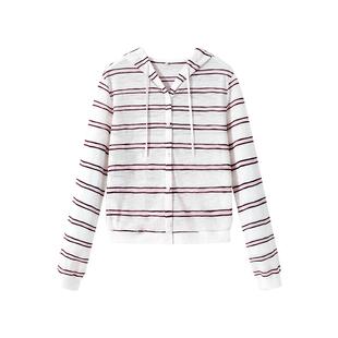 班尼路条纹连帽长袖开衫女2026春夏新款大码MM韩系防晒薄款外套Q