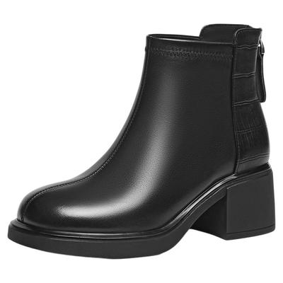 红蜻蜓羊皮粗跟皮鞋真皮妈妈靴