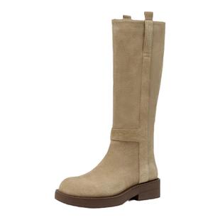 【明星同款】BeauToday真皮长筒靴女新款厚底棕色高筒靴骑士靴子