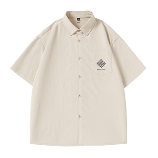 班尼路短袖衬衫男款夏季宽松轻薄砂洗衬衣男士杏色美式休闲外套A