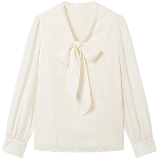 衣香丽影白色飘带醋酸雪纺衫女2026年春装新款高级感刺绣法式上衣