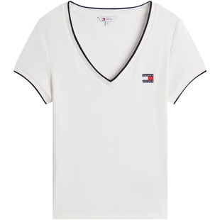 【撞色V领】Tommy26春夏新款女潮流旗标刺绣罗纹肌理修身短袖T恤