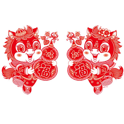 马年绒面窗花福字贴画生肖年画