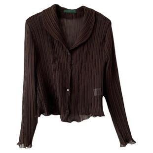 eihey诶嘿新款复古轻薄风琴竖纹理褶皱木耳边微透明长袖修身衬衫