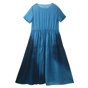 【现货】草木染苎麻连衣裙女春夏季2025新款拼接长裙圆领裙子