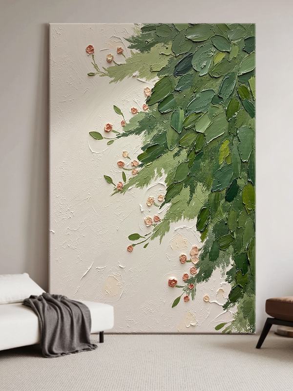 意式简约植物花卉手绘油画绿色厚肌理客厅装饰画餐厅玄关走廊挂画