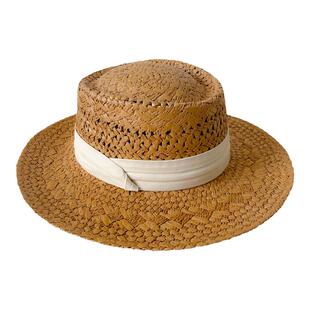 法式平顶复古休闲小礼帽草帽沙滩帽女夏天海边遮阳帽大檐草编帽子