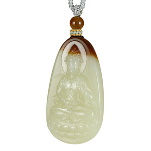 玉友和田玉观音吊坠男款玉坠糖青白玉正装观士音菩萨鸿运当头挂件
