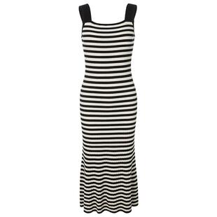 INSPIRE&STORIES春夏新款显瘦黑白条纹肌理宽肩带吊带连衣裙女