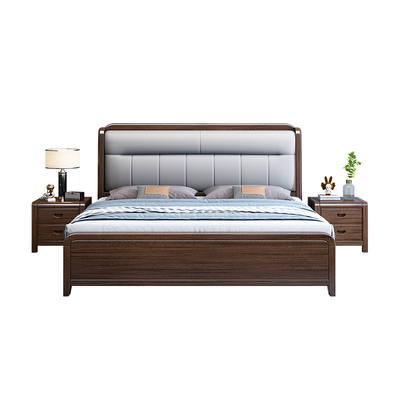 现代中式实木床主卧室气压抽屉储物大床真皮软靠1.5m1.8米双人床