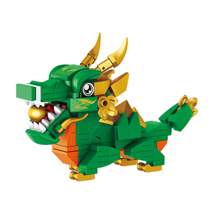 方橙积木国潮麒麟青龙儿童益智力拼装玩具招财猫模型新年龙年礼物