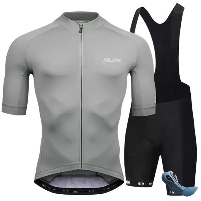 Raudax夏季牛奶丝短袖骑行服公路自行车双箭头背带短裤骑行套装男