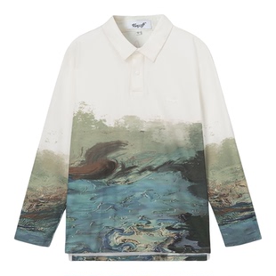 VANGOLF Artwear Landscape高尔夫长袖polo衬衫水墨印花运动中式