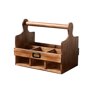 复古实木手提篮多格便携桌上茶几遥控器绿植摆件分隔可移动收纳盒