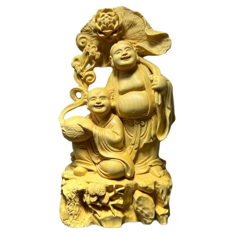 实木雕刻二仙新人祝福黄杨木包邮